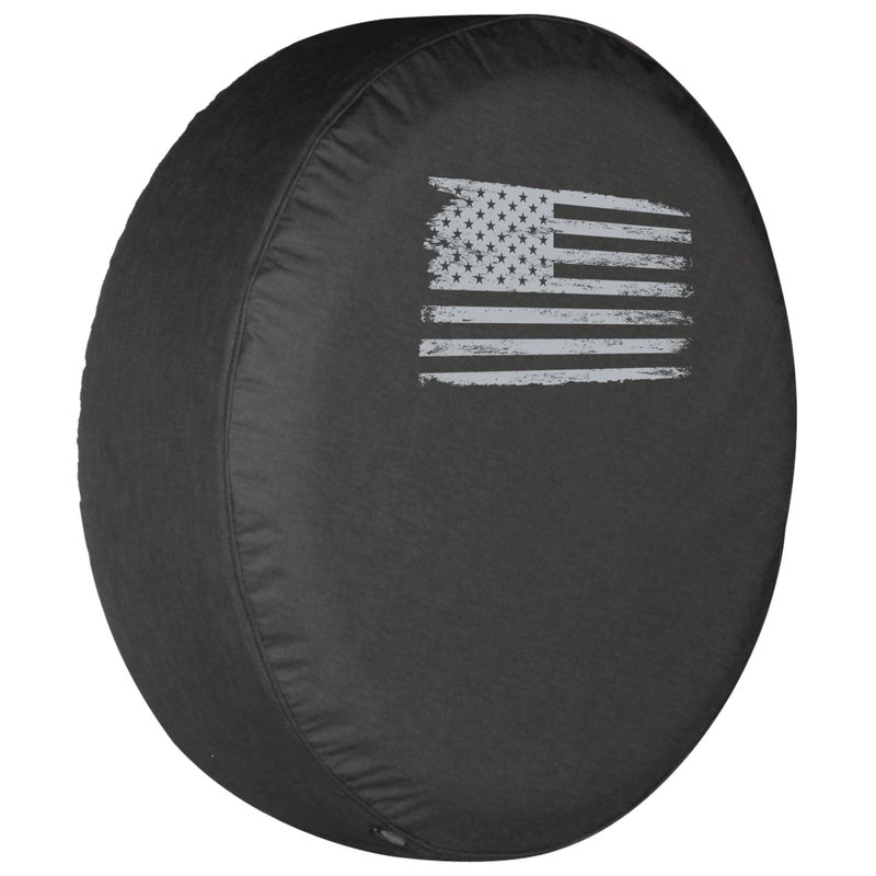 Boomerang 32" Distressed American Flag - Spare Tire Cover - (Black Denim Vinyl) - Silver Print - Made in The USA - Image 1